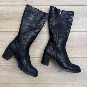 Ross & Snow Rosina Black Leather Tall Boots Block Heel Lug‎ Sole Camo 8.5